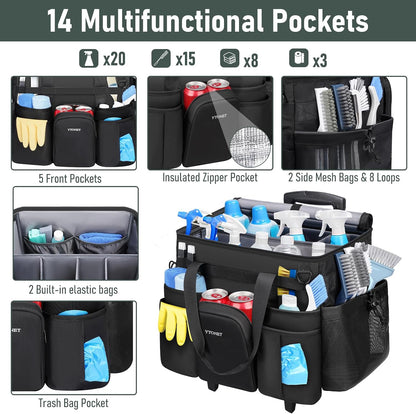 Cleaning Caddy with Wheels, Extra Large Rolling Cleaning Caddy Bag with Detachable Trolley for Housekeepers, Water Resistant Cleaner Supplies Organizer with Wheels for Kitchen, Tool Organizer