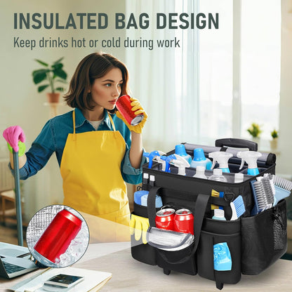 Cleaning Caddy with Wheels, Extra Large Rolling Cleaning Caddy Bag with Detachable Trolley for Housekeepers, Water Resistant Cleaner Supplies Organizer with Wheels for Kitchen, Tool Organizer