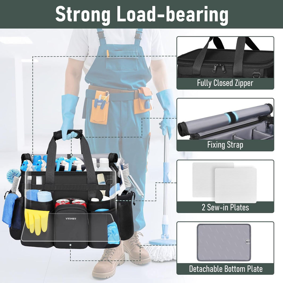 Cleaning Caddy with Wheels, Extra Large Rolling Cleaning Caddy Bag with Detachable Trolley for Housekeepers, Water Resistant Cleaner Supplies Organizer with Wheels for Kitchen, Tool Organizer