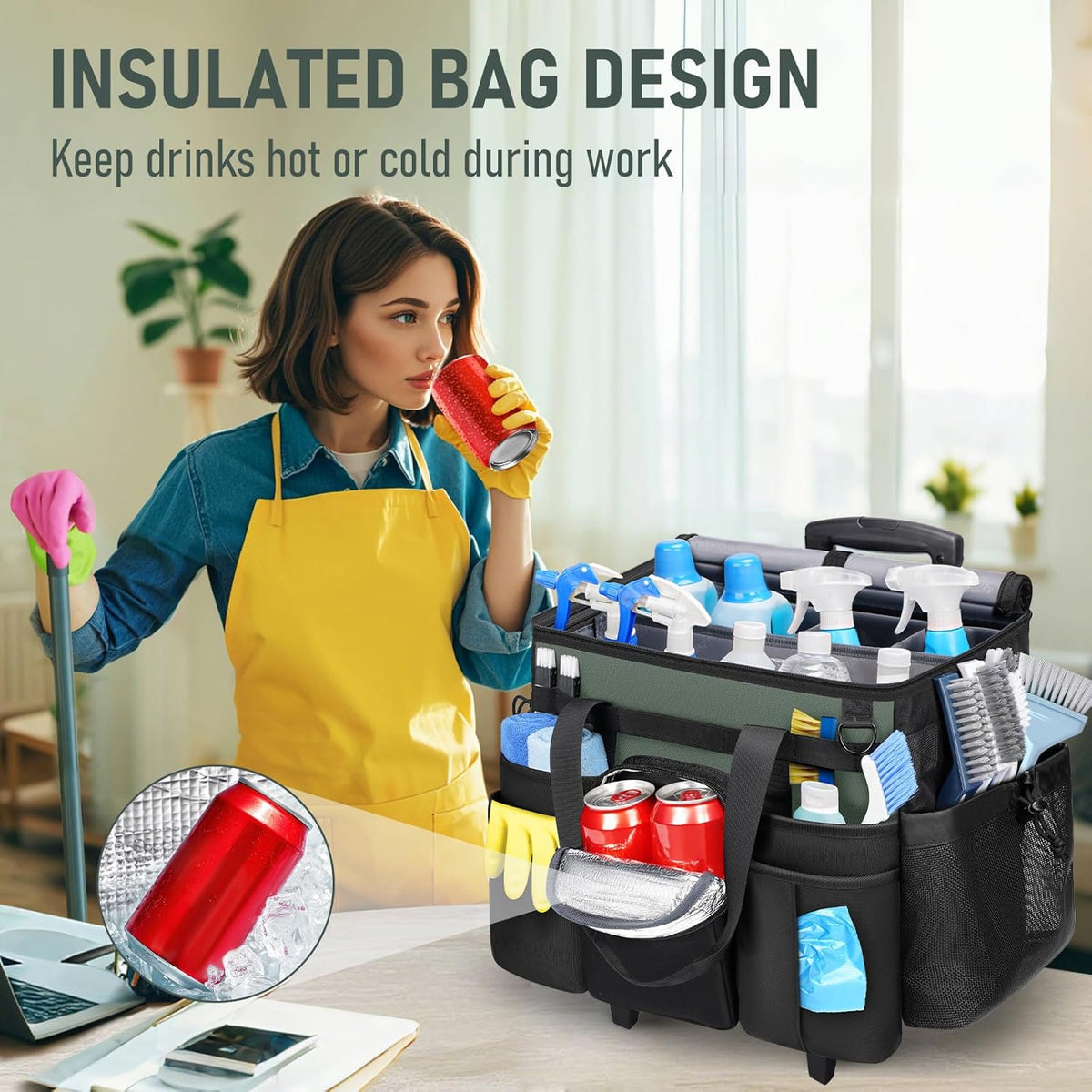 Cleaning Caddy with Wheels, Extra Large Rolling Cleaning Caddy Bag with Detachable Trolley for Housekeepers, Water Resistant Cleaner Supplies Organizer with Wheels for Kitchen, Tool Organizer