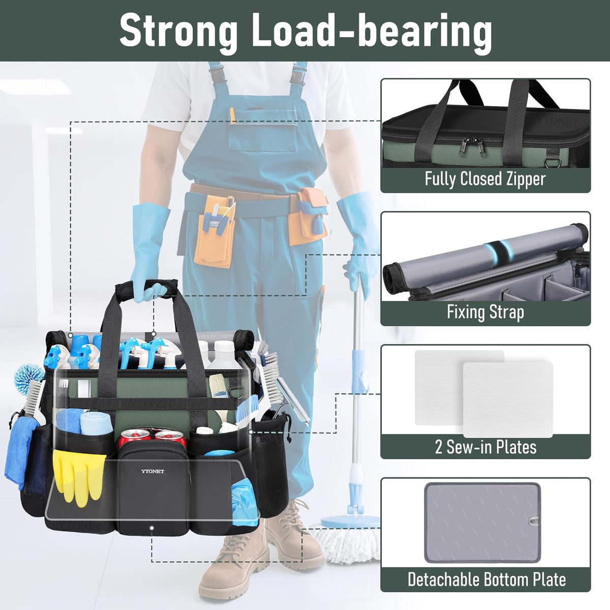 Cleaning Caddy with Wheels, Extra Large Rolling Cleaning Caddy Bag with Detachable Trolley for Housekeepers, Water Resistant Cleaner Supplies Organizer with Wheels for Kitchen, Tool Organizer