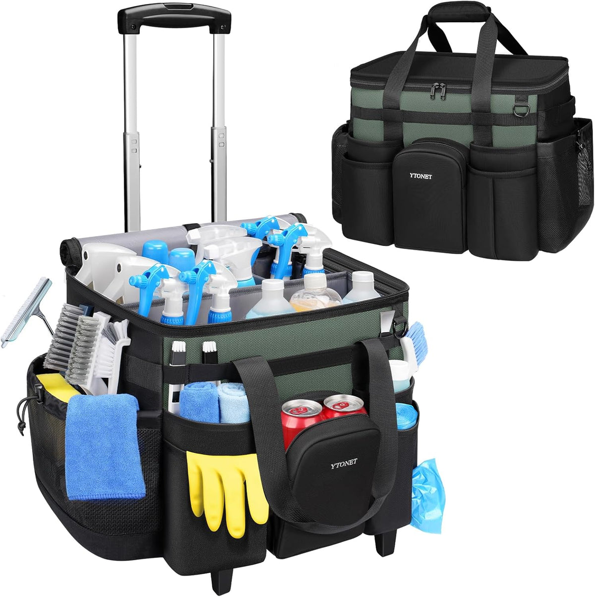Cleaning Caddy with Wheels, Extra Large Rolling Cleaning Caddy Bag with Detachable Trolley for Housekeepers, Water Resistant Cleaner Supplies Organizer with Wheels for Kitchen, Tool Organizer