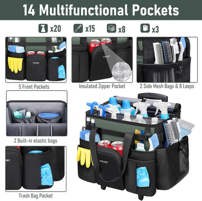 Cleaning Caddy with Wheels, Extra Large Rolling Cleaning Caddy Bag with Detachable Trolley for Housekeepers, Water Resistant Cleaner Supplies Organizer with Wheels for Kitchen, Tool Organizer