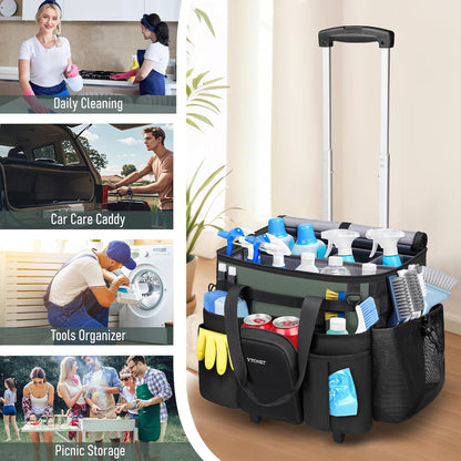 Cleaning Caddy with Wheels, Extra Large Rolling Cleaning Caddy Bag with Detachable Trolley for Housekeepers, Water Resistant Cleaner Supplies Organizer with Wheels for Kitchen, Tool Organizer
