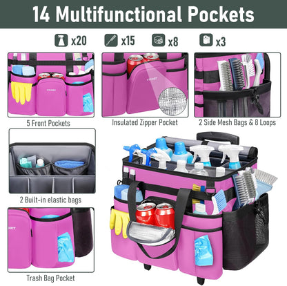 Cleaning Caddy with Wheels, Extra Large Rolling Cleaning Caddy Bag with Detachable Trolley for Housekeepers, Water Resistant Cleaner Supplies Organizer with Wheels for Kitchen, Tool Organizer