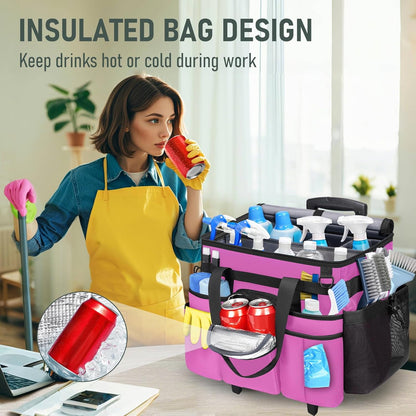 Cleaning Caddy with Wheels, Extra Large Rolling Cleaning Caddy Bag with Detachable Trolley for Housekeepers, Water Resistant Cleaner Supplies Organizer with Wheels for Kitchen, Tool Organizer