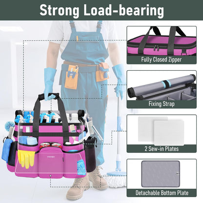 Cleaning Caddy with Wheels, Extra Large Rolling Cleaning Caddy Bag with Detachable Trolley for Housekeepers, Water Resistant Cleaner Supplies Organizer with Wheels for Kitchen, Tool Organizer