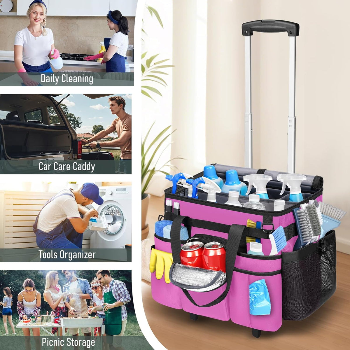 Cleaning Caddy with Wheels, Extra Large Rolling Cleaning Caddy Bag with Detachable Trolley for Housekeepers, Water Resistant Cleaner Supplies Organizer with Wheels for Kitchen, Tool Organizer