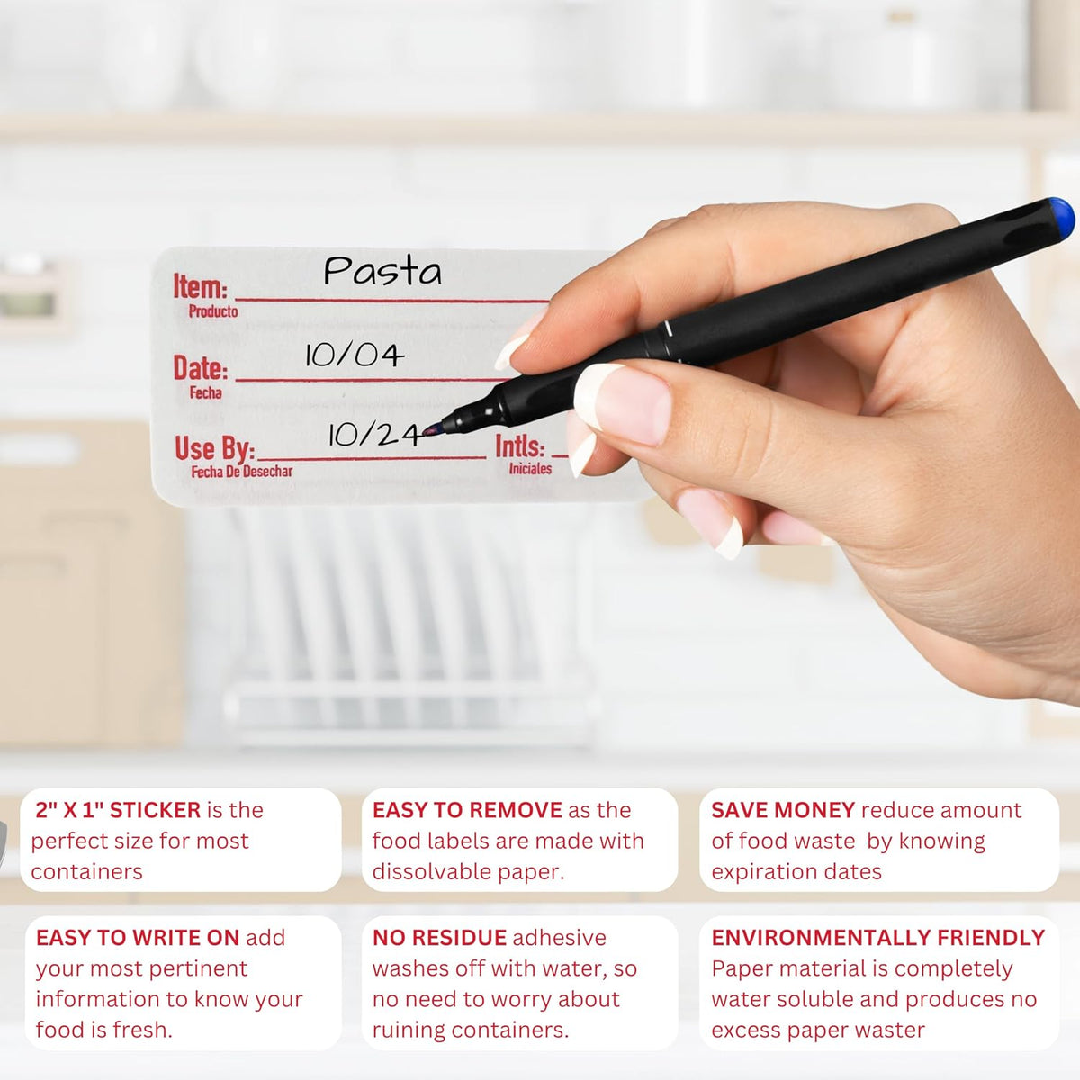 2x1 Dissolvable Food Labels, 1000 Food Container Stickers, Blue | Ideal for Fridge Freezer & Pantry, Organize Prepped Meals & Leftovers Easily, Adheres Well, Dissolves Fast with Zero Residue