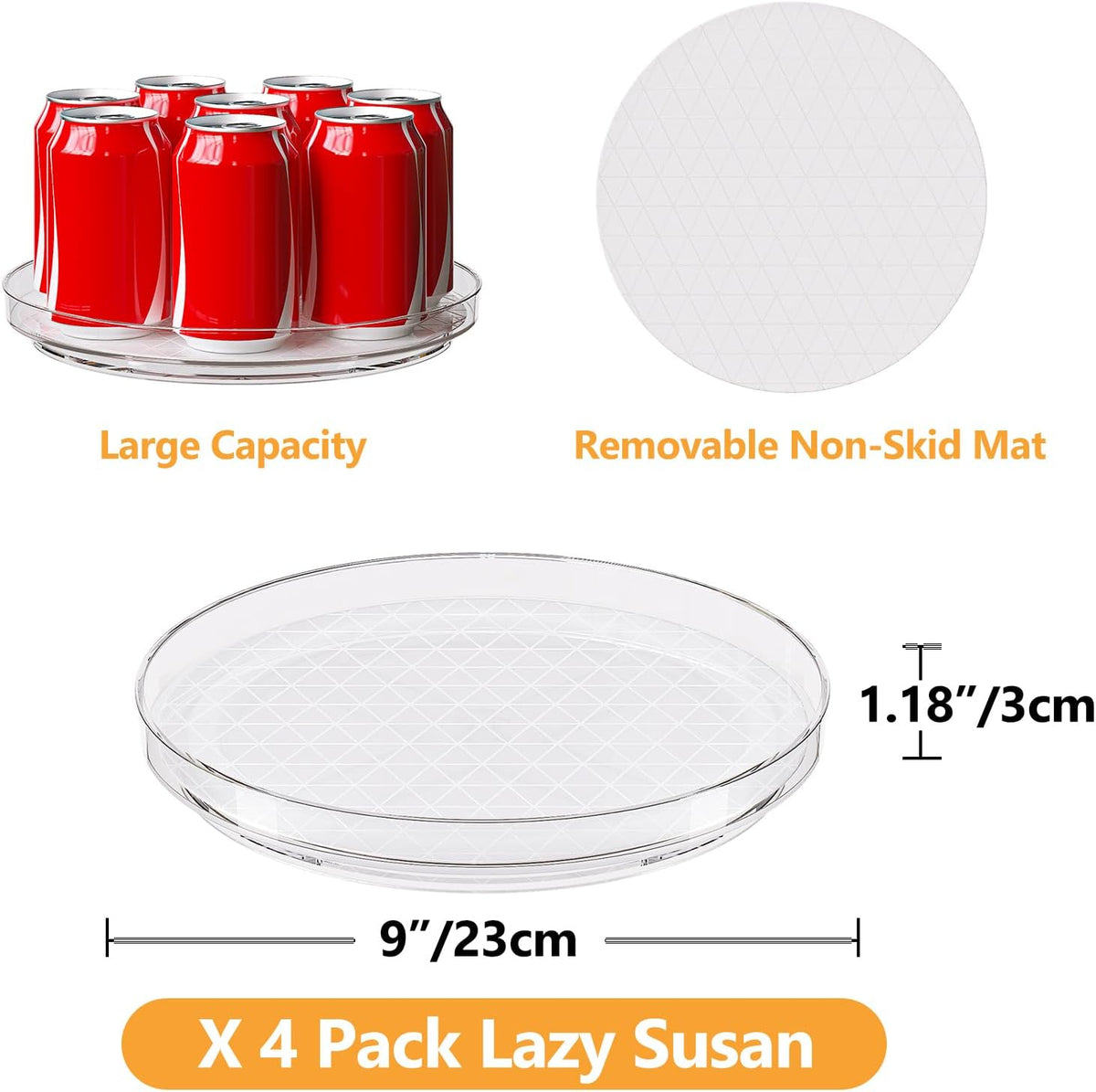 Lazy Susan Turntable Organizer with Non-Slip Mat, 9 Inch, Clear | 360 Rotating, Easy Clean, Spice Rack for Kitchen Counter, Pantry Cabinet, Fridge, Spinning Tray for Bathroom, Makeup Vanity