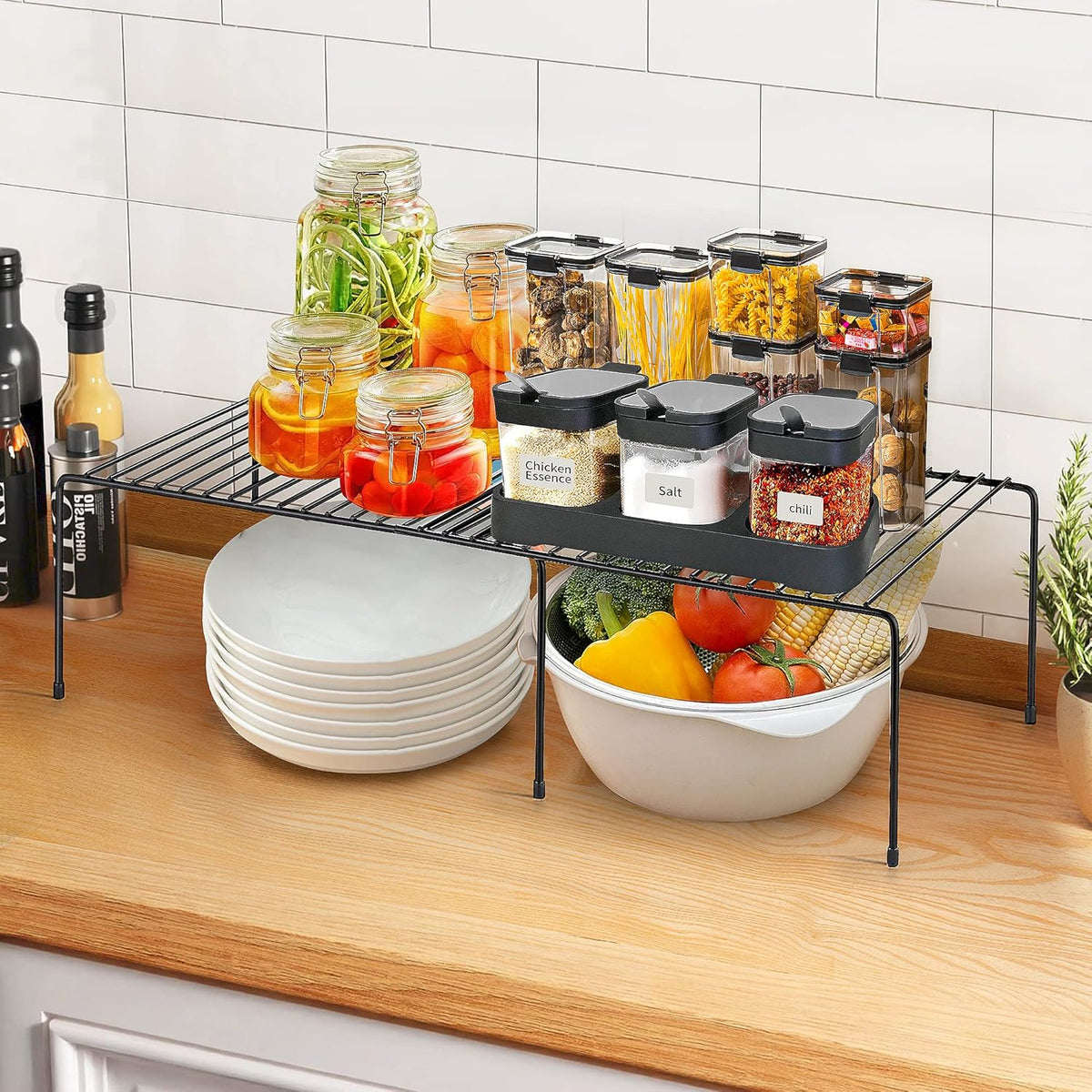 1 Pack Freezer Shelf Organizer, Expandable Cabinet Storage Shelf with Rustproof Metal Wire, Adjustable Kitchen Cabinet Organizer Spice Rack for Frige, Pantry, Cupboard, Countertop - White