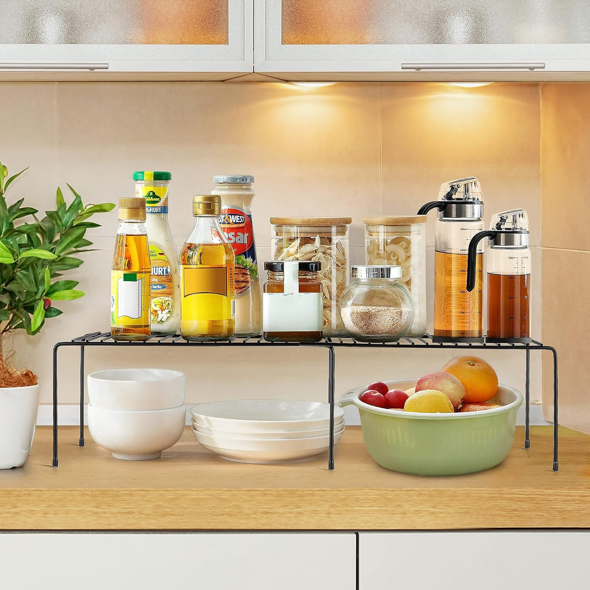 1 Pack Freezer Shelf Organizer, Expandable Cabinet Storage Shelf with Rustproof Metal Wire, Adjustable Kitchen Cabinet Organizer Spice Rack for Frige, Pantry, Cupboard, Countertop - White