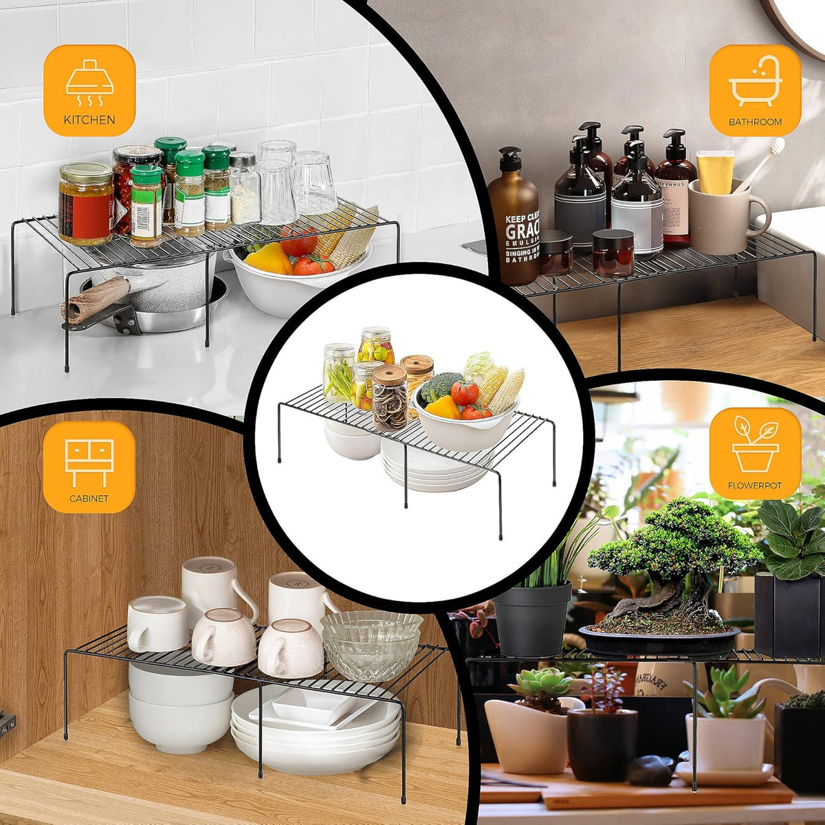 1 Pack Freezer Shelf Organizer, Expandable Cabinet Storage Shelf with Rustproof Metal Wire, Adjustable Kitchen Cabinet Organizer Spice Rack for Frige, Pantry, Cupboard, Countertop - White