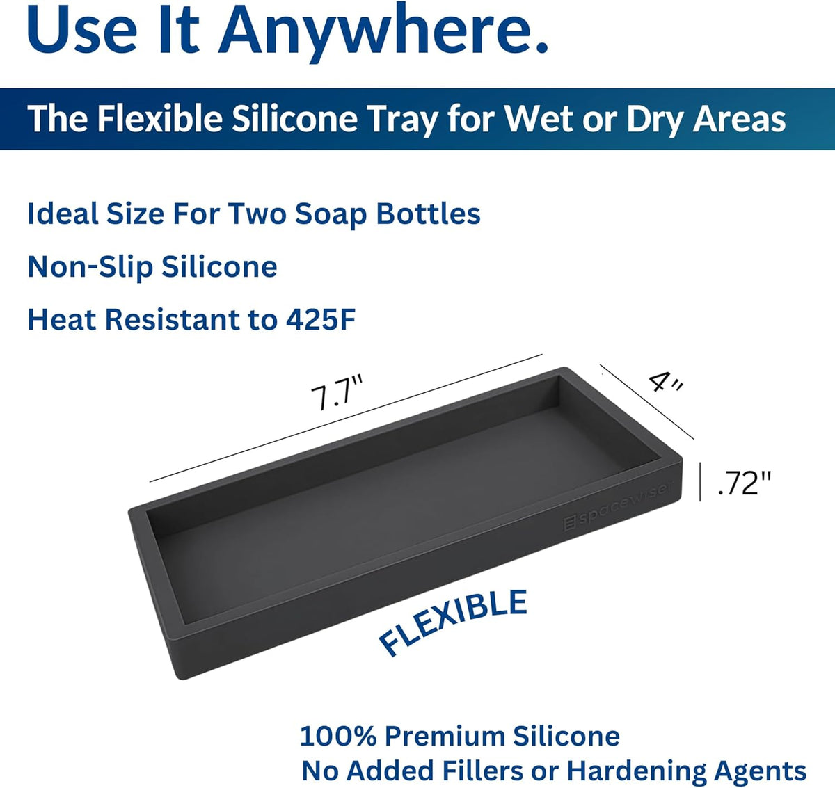 Countertop and Vanity Tray - Small 7.7” Silicone Tray for Soap Dispenser Bottles, Sponge Holder for Kitchen Sink Caddy Organizer, Bathroom Trays, Dish Soap Holder for Kitchen Counter, Keys