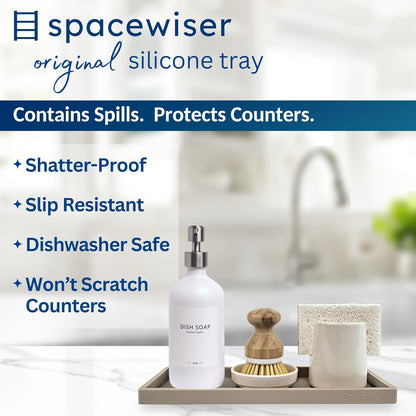 Countertop and Vanity Tray - Small 7.7” Silicone Tray for Soap Dispenser Bottles, Sponge Holder for Kitchen Sink Caddy Organizer, Bathroom Trays, Dish Soap Holder for Kitchen Counter, Keys