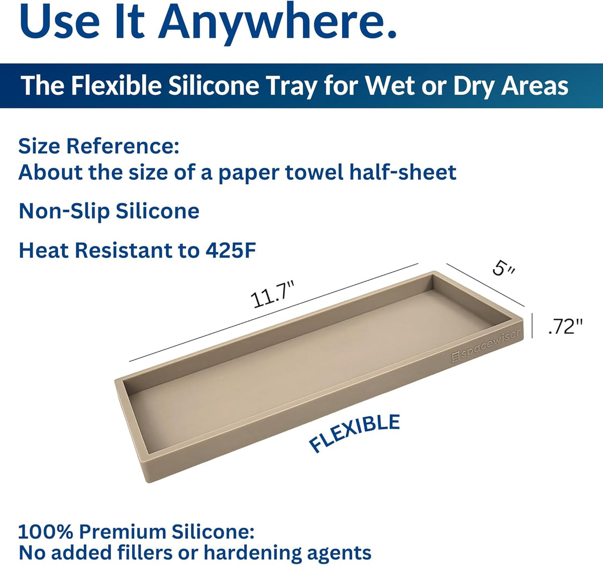 Countertop and Vanity Tray - Small 7.7” Silicone Tray for Soap Dispenser Bottles, Sponge Holder for Kitchen Sink Caddy Organizer, Bathroom Trays, Dish Soap Holder for Kitchen Counter, Keys