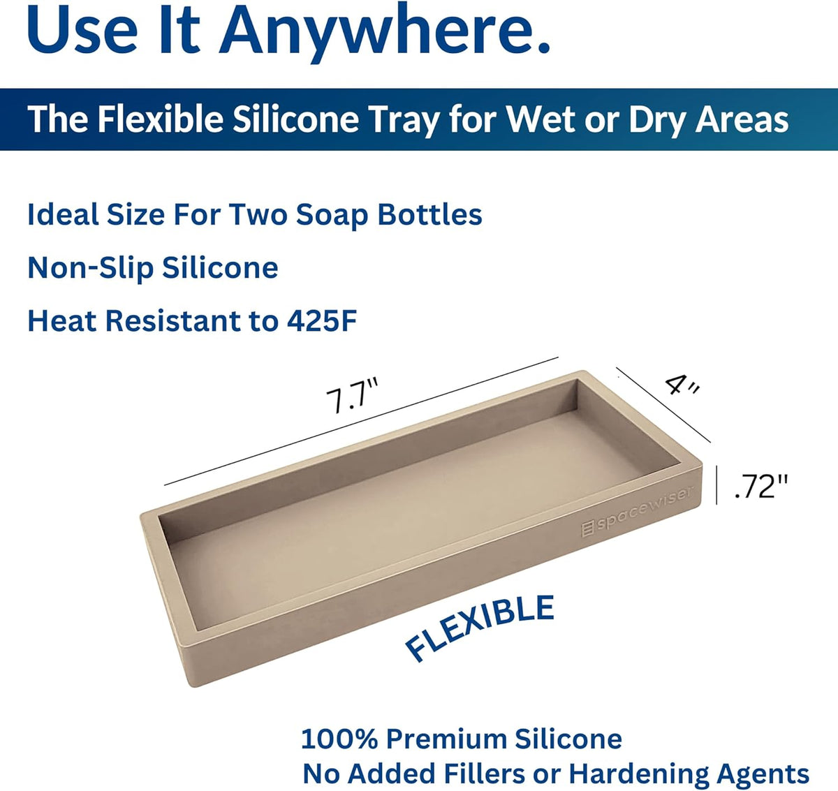 Countertop and Vanity Tray - Small 7.7” Silicone Tray for Soap Dispenser Bottles, Sponge Holder for Kitchen Sink Caddy Organizer, Bathroom Trays, Dish Soap Holder for Kitchen Counter, Keys