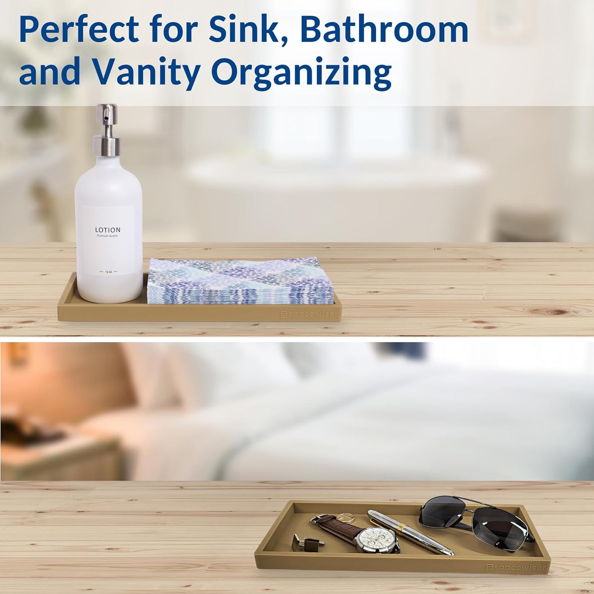 Countertop and Vanity Tray - Small 7.7” Silicone Tray for Soap Dispenser Bottles, Sponge Holder for Kitchen Sink Caddy Organizer, Bathroom Trays, Dish Soap Holder for Kitchen Counter, Keys