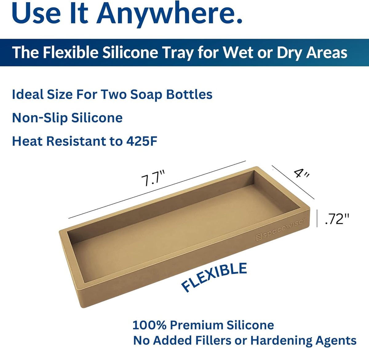 Countertop and Vanity Tray - Small 7.7” Silicone Tray for Soap Dispenser Bottles, Sponge Holder for Kitchen Sink Caddy Organizer, Bathroom Trays, Dish Soap Holder for Kitchen Counter, Keys