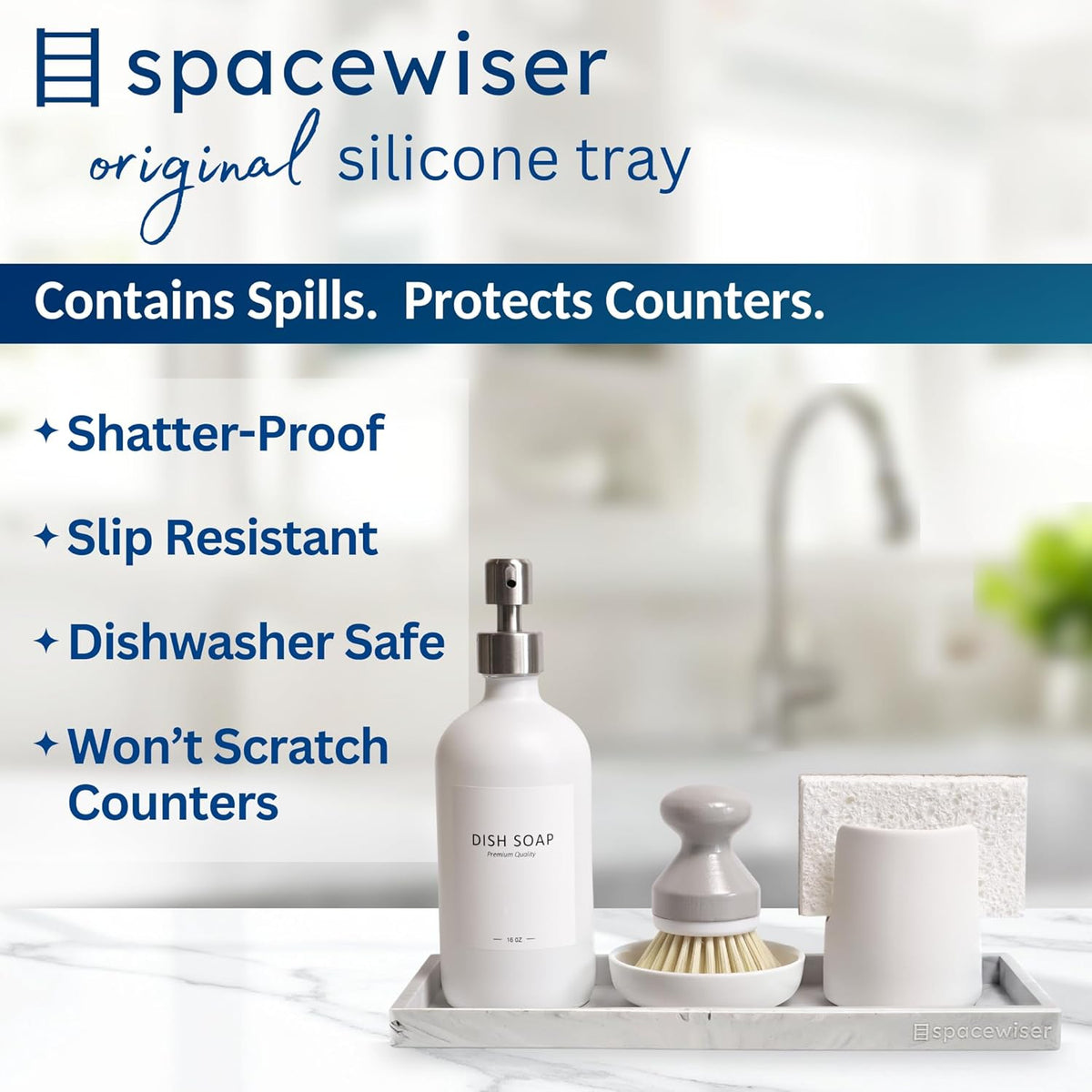 Countertop and Vanity Tray - Small 7.7” Silicone Tray for Soap Dispenser Bottles, Sponge Holder for Kitchen Sink Caddy Organizer, Bathroom Trays, Dish Soap Holder for Kitchen Counter, Keys