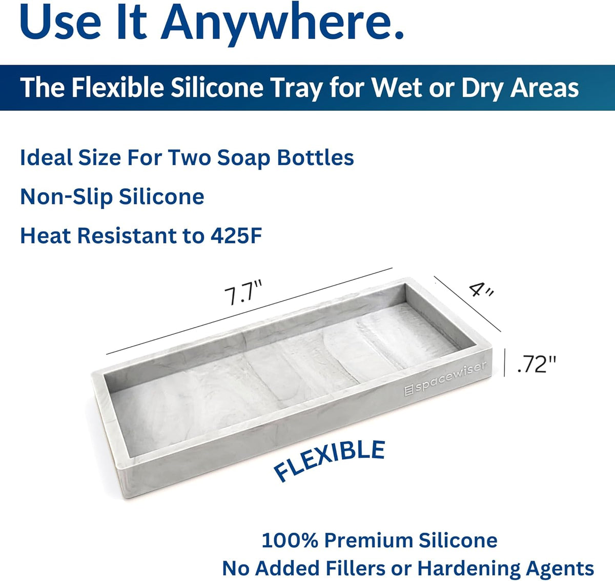 Countertop and Vanity Tray - Small 7.7” Silicone Tray for Soap Dispenser Bottles, Sponge Holder for Kitchen Sink Caddy Organizer, Bathroom Trays, Dish Soap Holder for Kitchen Counter, Keys