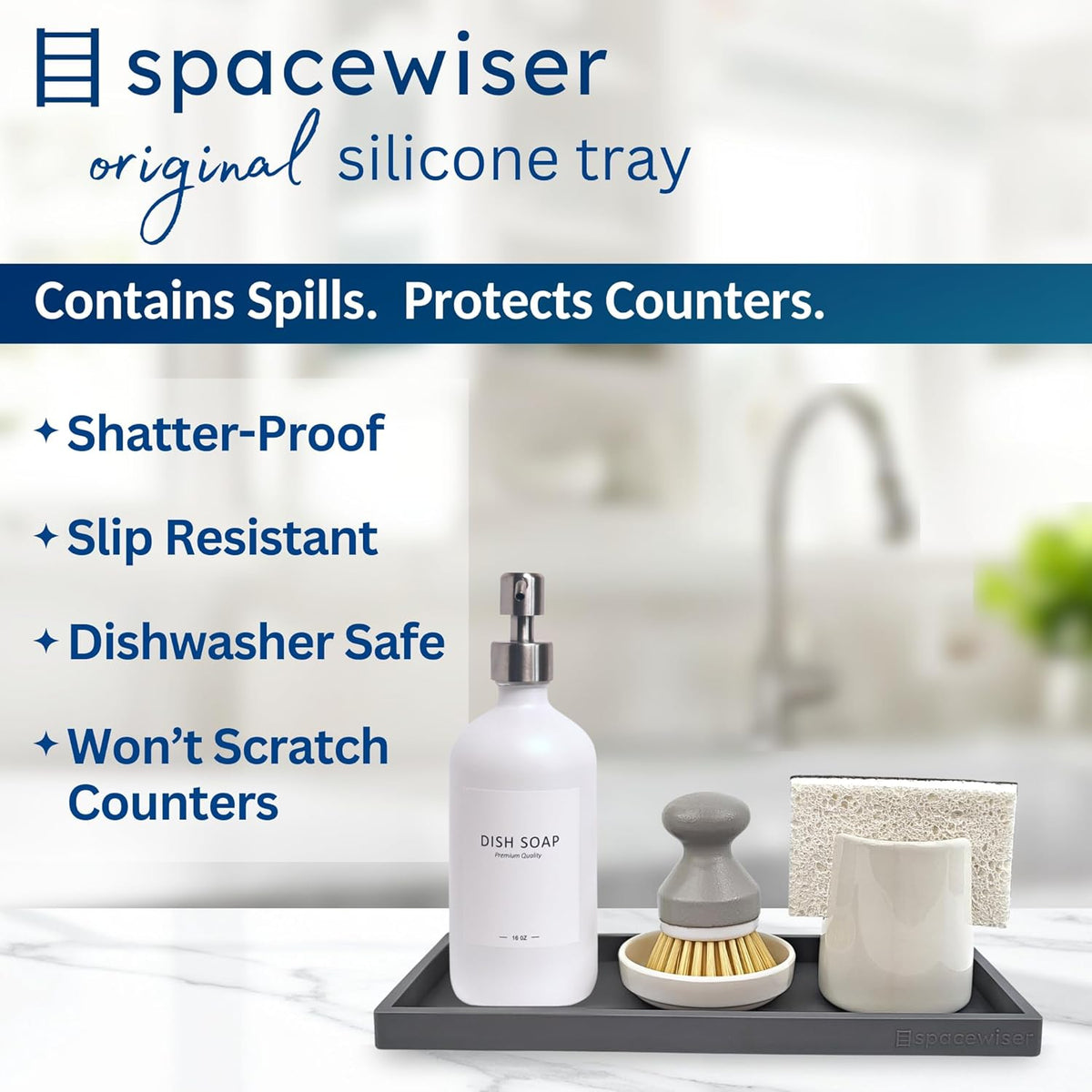 Countertop and Vanity Tray - Small 7.7” Silicone Tray for Soap Dispenser Bottles, Sponge Holder for Kitchen Sink Caddy Organizer, Bathroom Trays, Dish Soap Holder for Kitchen Counter, Keys