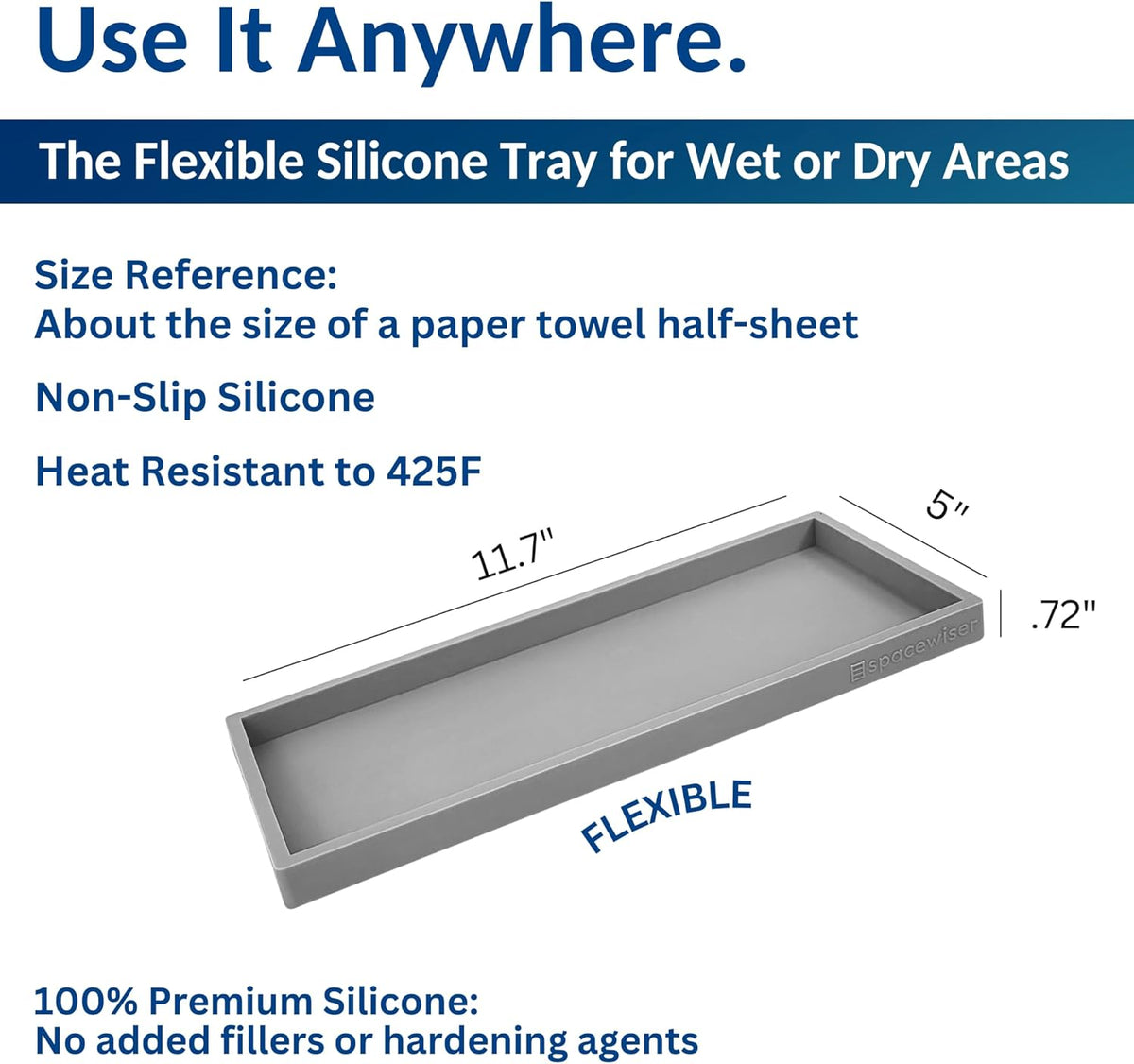 Countertop and Vanity Tray - Small 7.7” Silicone Tray for Soap Dispenser Bottles, Sponge Holder for Kitchen Sink Caddy Organizer, Bathroom Trays, Dish Soap Holder for Kitchen Counter, Keys