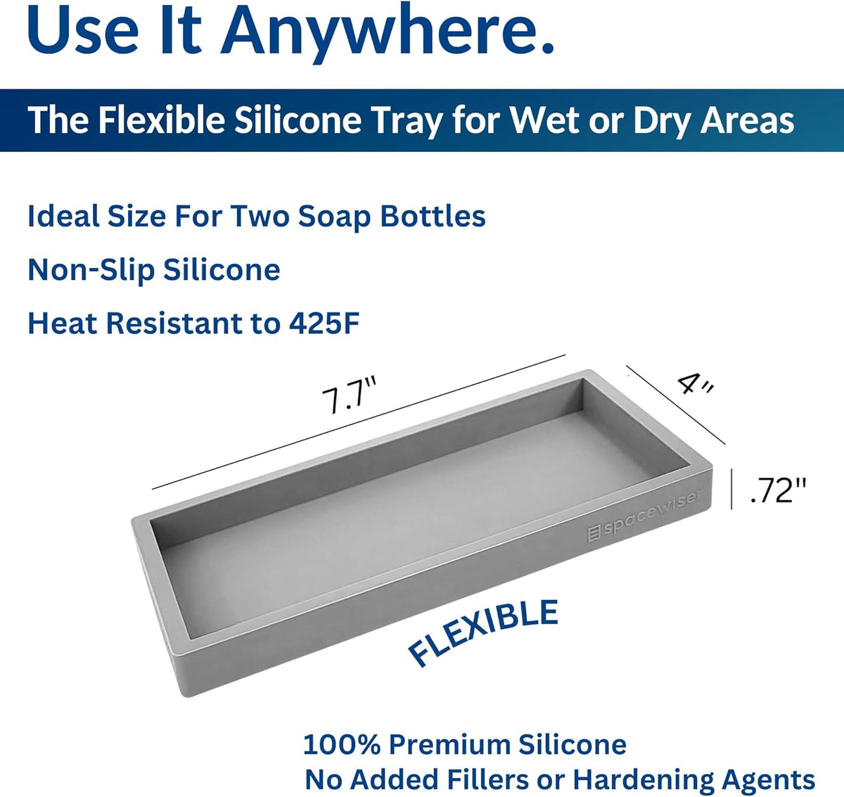Countertop and Vanity Tray - Small 7.7” Silicone Tray for Soap Dispenser Bottles, Sponge Holder for Kitchen Sink Caddy Organizer, Bathroom Trays, Dish Soap Holder for Kitchen Counter, Keys