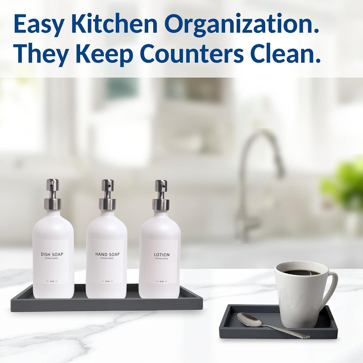 Countertop and Vanity Tray - Small 7.7” Silicone Tray for Soap Dispenser Bottles, Sponge Holder for Kitchen Sink Caddy Organizer, Bathroom Trays, Dish Soap Holder for Kitchen Counter, Keys