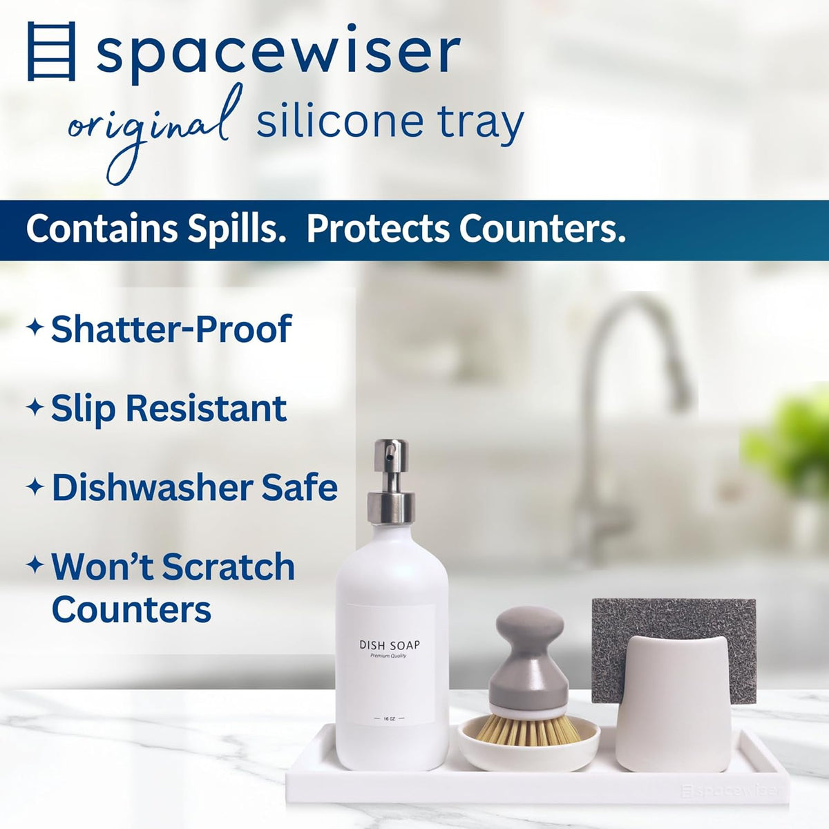 Countertop and Vanity Tray - Small 7.7” Silicone Tray for Soap Dispenser Bottles, Sponge Holder for Kitchen Sink Caddy Organizer, Bathroom Trays, Dish Soap Holder for Kitchen Counter, Keys