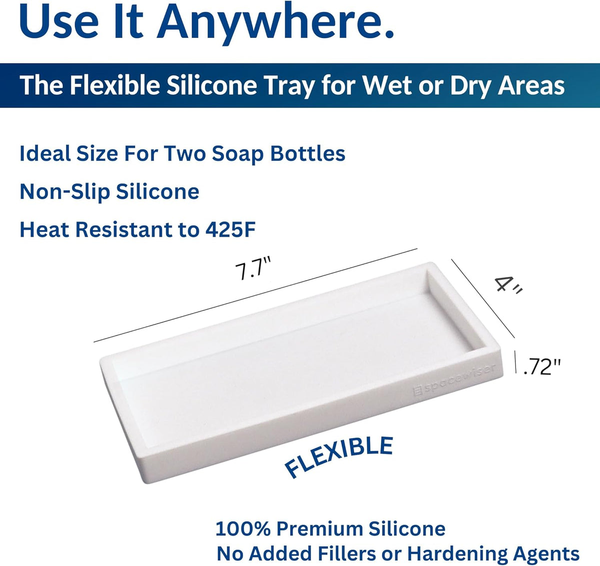Countertop and Vanity Tray - Small 7.7” Silicone Tray for Soap Dispenser Bottles, Sponge Holder for Kitchen Sink Caddy Organizer, Bathroom Trays, Dish Soap Holder for Kitchen Counter, Keys