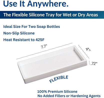 Countertop and Vanity Tray - Small 7.7” Silicone Tray for Soap Dispenser Bottles, Sponge Holder for Kitchen Sink Caddy Organizer, Bathroom Trays, Dish Soap Holder for Kitchen Counter, Keys