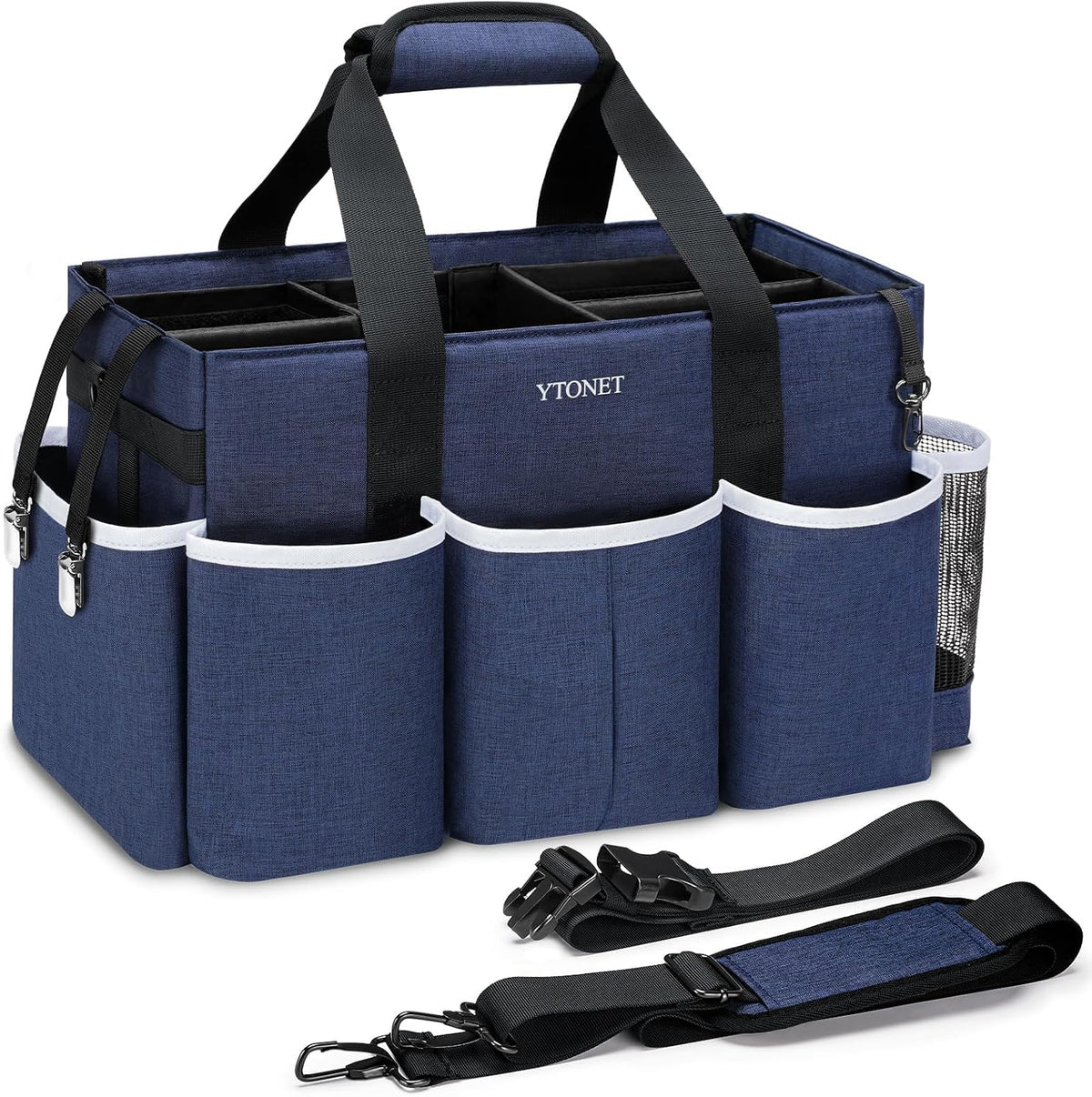 Wearable Cleaning Caddy Bag, Large Cleaning Supplies Organizer with 4 Foldable Dividers, Kitchen Caddy Organizer with Handle & Adjustable Shoulder Straps for Cleaners & Housekeeper, Blue