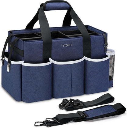 Wearable Cleaning Caddy Bag, Large Cleaning Supplies Organizer with 4 Foldable Dividers, Kitchen Caddy Organizer with Handle & Adjustable Shoulder Straps for Cleaners & Housekeeper, Blue