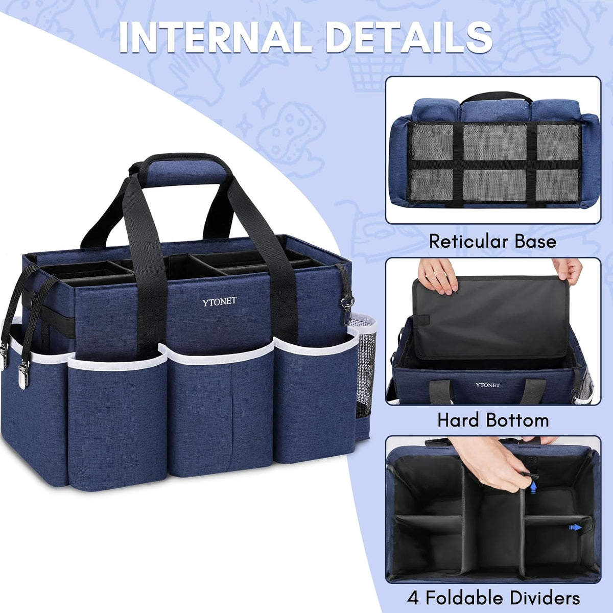 Wearable Cleaning Caddy Bag, Large Cleaning Supplies Organizer with 4 Foldable Dividers, Kitchen Caddy Organizer with Handle & Adjustable Shoulder Straps for Cleaners & Housekeeper, Blue