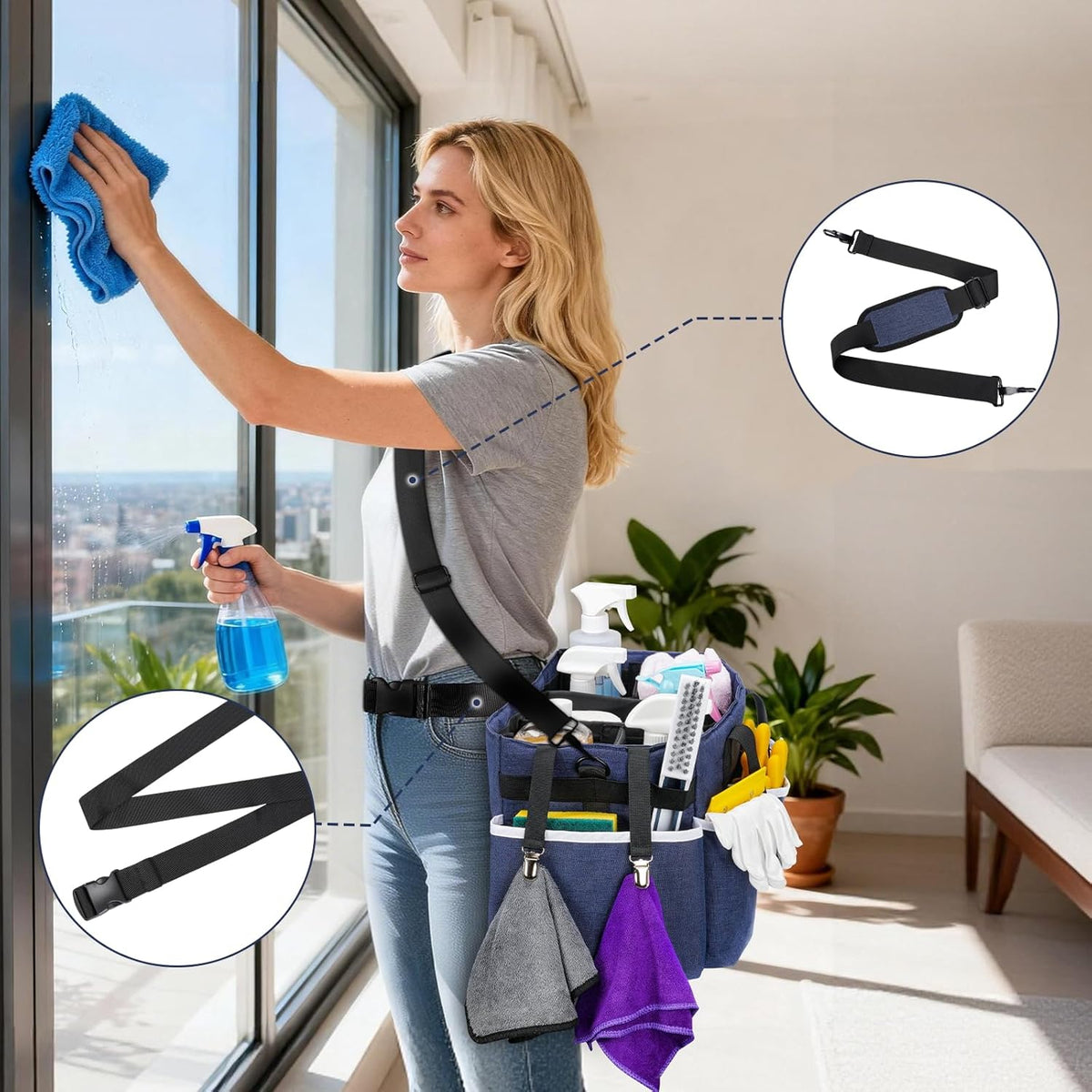 Wearable Cleaning Caddy Bag, Large Cleaning Supplies Organizer with 4 Foldable Dividers, Kitchen Caddy Organizer with Handle & Adjustable Shoulder Straps for Cleaners & Housekeeper, Blue