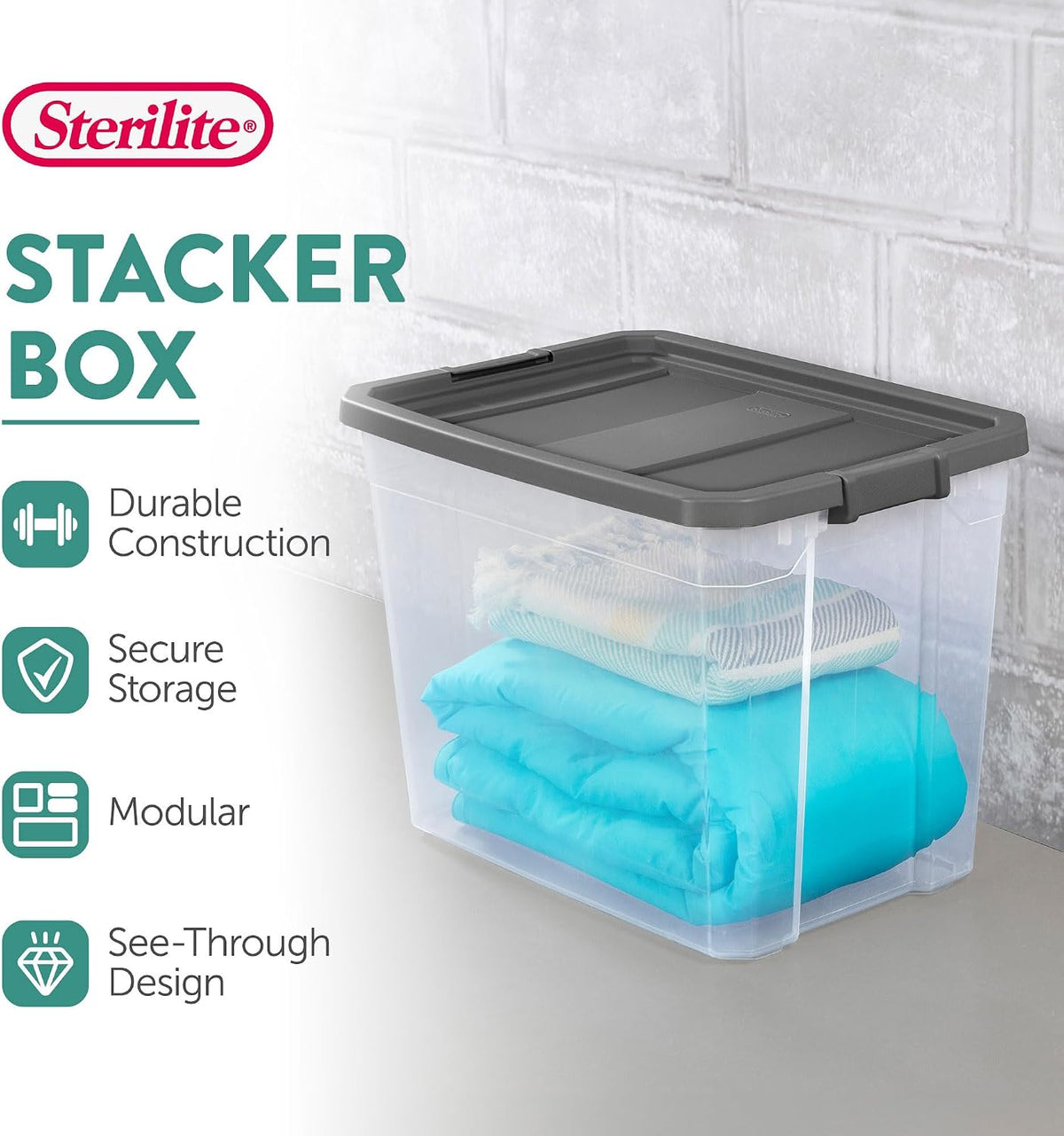 Modular Stacker Box with Latching Lid, 30 Quart, 6-Pack