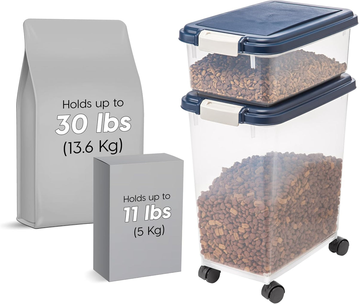 Dog Food Storage Container, Up to 30+11 lbs, Navy, Made in USA | Wheels for Mobility, Airtight Seal, BPA-Free, Best for Bird Seed, Cat food, Cat Litter, Chicken Feed, Pellets