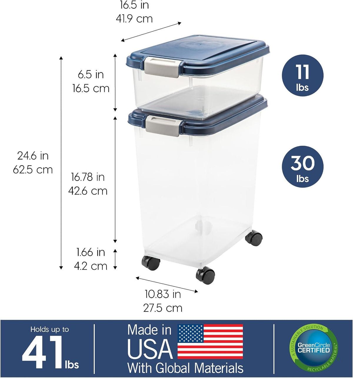 Dog Food Storage Container, Up to 30+11 lbs, Navy, Made in USA | Wheels for Mobility, Airtight Seal, BPA-Free, Best for Bird Seed, Cat food, Cat Litter, Chicken Feed, Pellets