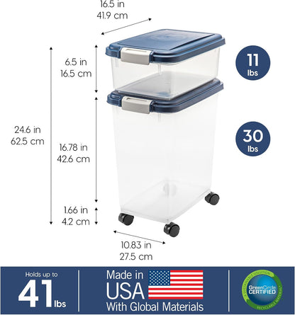 Dog Food Storage Container, Up to 30+11 lbs, Navy, Made in USA | Wheels for Mobility, Airtight Seal, BPA-Free, Best for Bird Seed, Cat food, Cat Litter, Chicken Feed, Pellets