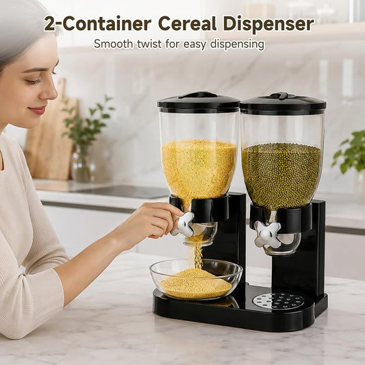 Dual-Control Dry Food Dispenser, 2 Pack 2L/67oz Cereal Dispenser Countertop, Cereal Containers Storage Airtight, Rotating Black Plastic Dry Food Dispenser, Candy Dispenser for Cereal, Coffee Beans