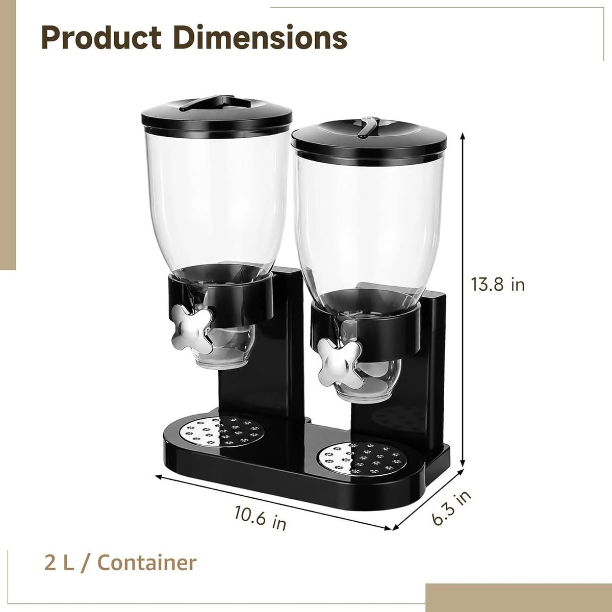 Dual-Control Dry Food Dispenser, 2 Pack 2L/67oz Cereal Dispenser Countertop, Cereal Containers Storage Airtight, Rotating Black Plastic Dry Food Dispenser, Candy Dispenser for Cereal, Coffee Beans