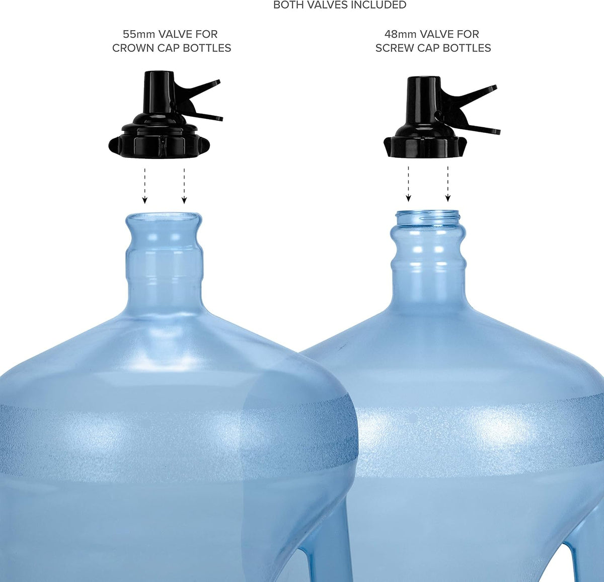 Stainless Steel 3-5 Gallon Water Jug Stand and 2 Dispenser Valves, Rust-Resistant Non Slip Water Stand with BPA Free Fast Flow Water Spout Fits BOTH 48mm and 55mm Bottles 2 CAPS INCLUDED (Black)