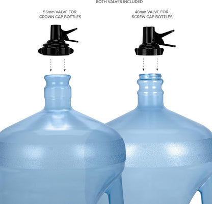 Stainless Steel 3-5 Gallon Water Jug Stand and 2 Dispenser Valves, Rust-Resistant Non Slip Water Stand with BPA Free Fast Flow Water Spout Fits BOTH 48mm and 55mm Bottles 2 CAPS INCLUDED (Black)