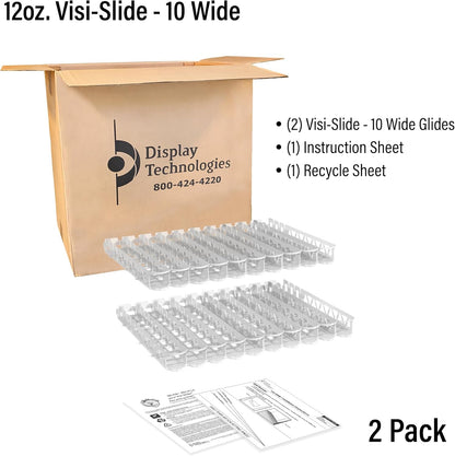 Visi-Slide Gravity Fed Organizer for 12/16oz low ring Beverages on Flat and Angled Shelves in Cold Vaults & Coolers, Drink Organizer (Pack of 2)