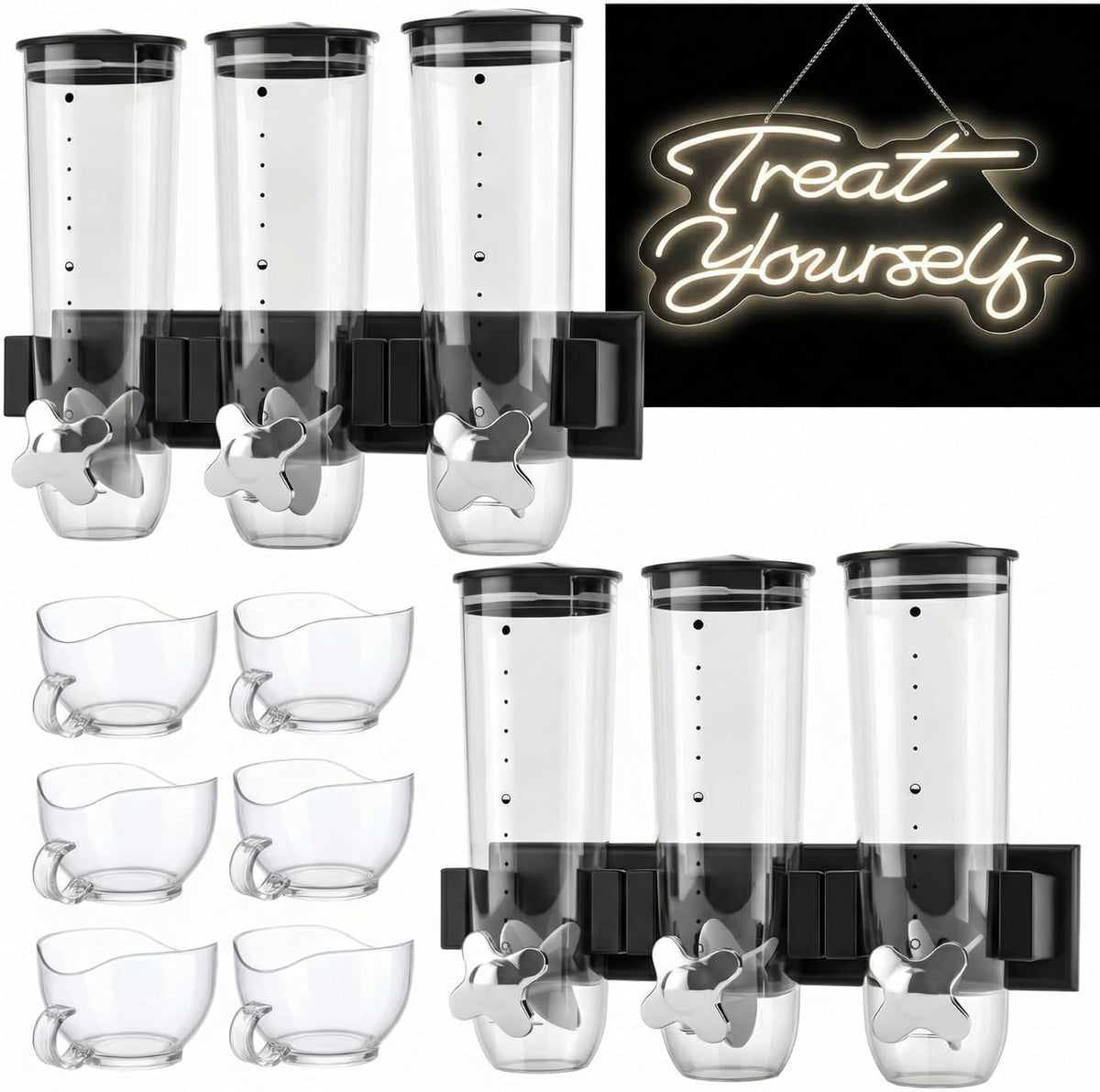 6 Pcs Wall Candy Dispenser with 1pcs Treat Yourself Neon Signs 9 L Machine Grain Dispenser Neon Snack Sign Wall Mount for Home Kitchen Food Store Birthday Gift Party Decor