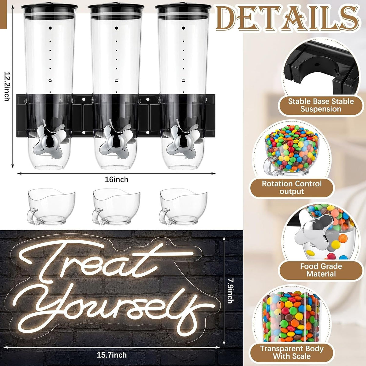 6 Pcs Wall Candy Dispenser with 1pcs Treat Yourself Neon Signs 9 L Machine Grain Dispenser Neon Snack Sign Wall Mount for Home Kitchen Food Store Birthday Gift Party Decor