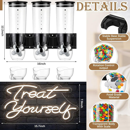 6 Pcs Wall Candy Dispenser with 1pcs Treat Yourself Neon Signs 9 L Machine Grain Dispenser Neon Snack Sign Wall Mount for Home Kitchen Food Store Birthday Gift Party Decor