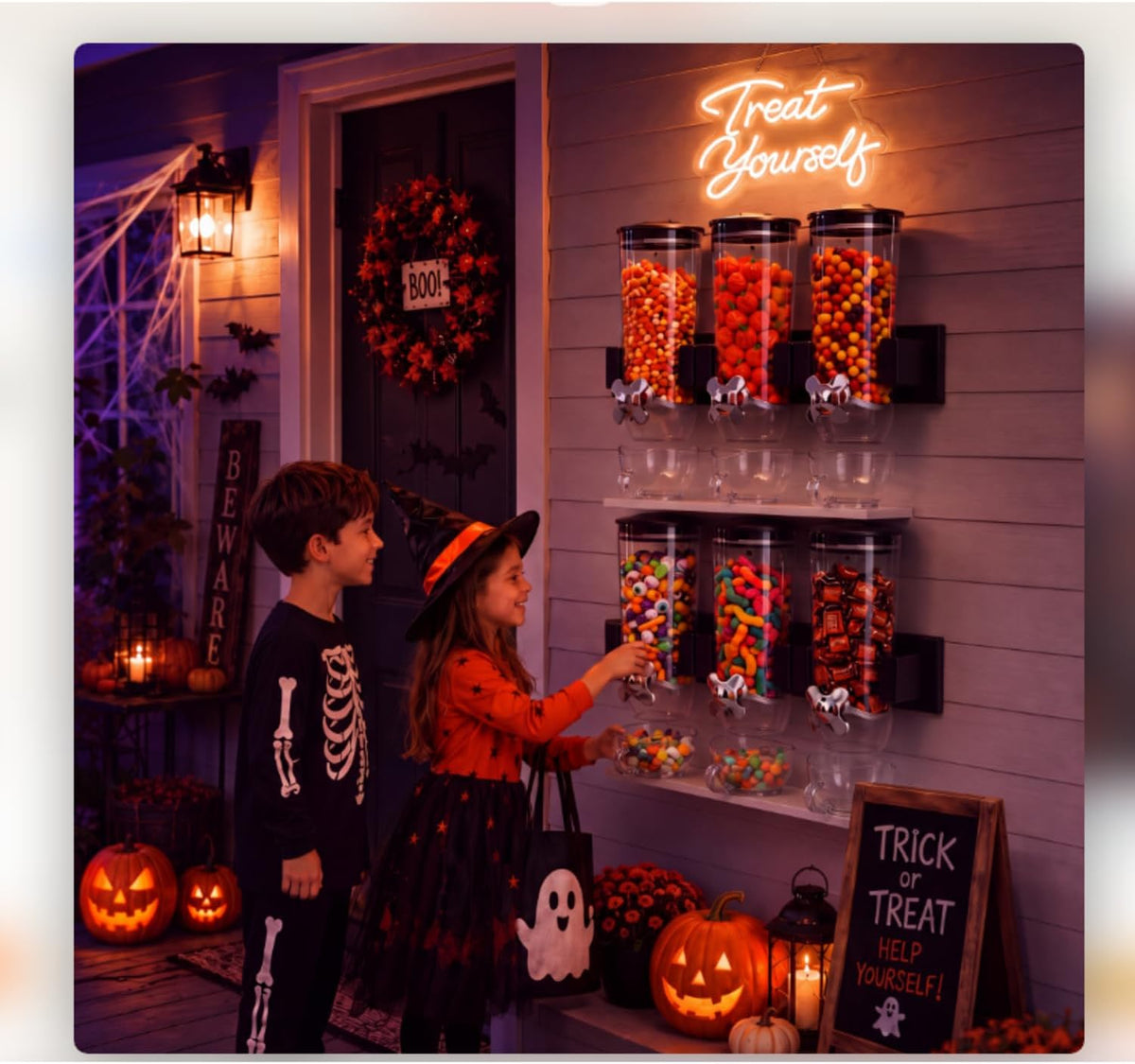 6 Pcs Wall Candy Dispenser with 1pcs Treat Yourself Neon Signs 9 L Machine Grain Dispenser Neon Snack Sign Wall Mount for Home Kitchen Food Store Birthday Gift Party Decor