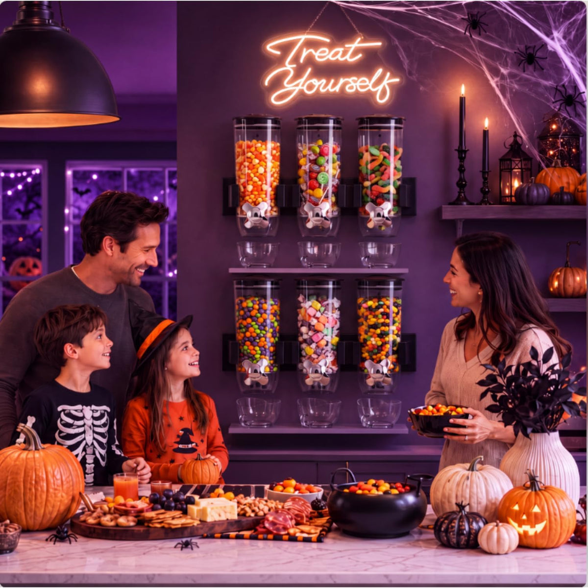 6 Pcs Wall Candy Dispenser with 1pcs Treat Yourself Neon Signs 9 L Machine Grain Dispenser Neon Snack Sign Wall Mount for Home Kitchen Food Store Birthday Gift Party Decor